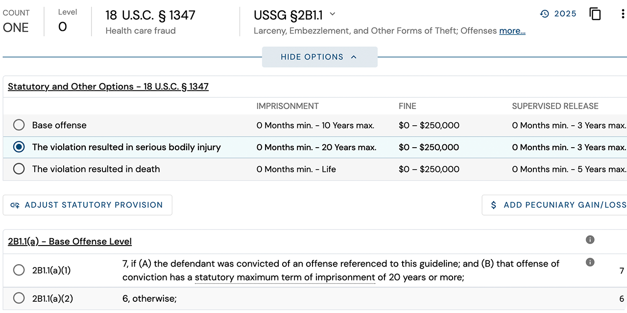 Statute penalties selections